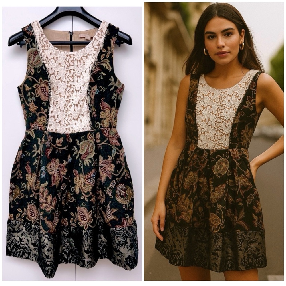 Champagne & Strawberry | Floral Tapestry Crochet Lace Black & Gold Brocade Dress